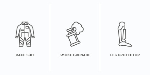 security outline icons set. thin line icons such as race suit, smoke grenade, leg protector vector. linear icon sheet can be used web and mobile