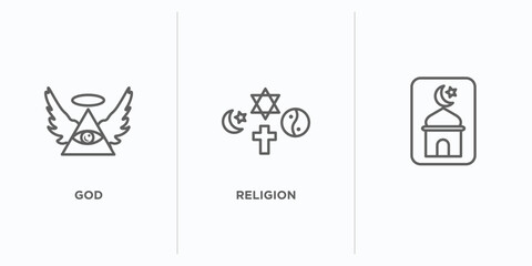 religion outline icons set. thin line icons such as god, religion, vector. linear icon sheet can be used web and mobile