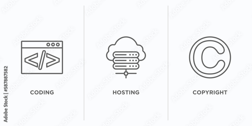 Poster seo outline icons set. thin line icons such as coding, hosting, copyright vector. linear icon sheet 