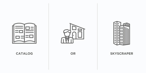 real estate outline icons set. thin line icons such as catalog, or, skyscraper vector. linear icon sheet can be used web and mobile