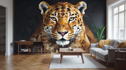 Living Living Room With Full Wall Geometric Jaguar Interior Design. Generative AI