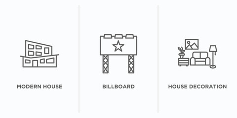 real estate outline icons set. thin line icons such as modern house, billboard, house decoration vector. linear icon sheet can be used web and mobile