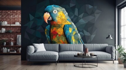 Living Living Room With Full Wall Geometric Parrot Interior Design. Generative AI