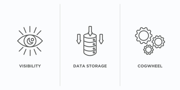 Seo Outline Icons Set. Thin Line Icons Such As Visibility, Data Storage, Cogwheel Vector. Linear Icon Sheet Can Be Used Web And Mobile