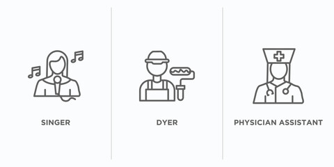 professions outline icons set. thin line icons such as singer, dyer, physician assistant vector. linear icon sheet can be used web and mobile