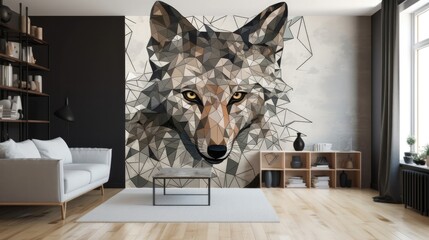 Living Living Room With Full Wall Geometric Fox Interior Design. Generative AI