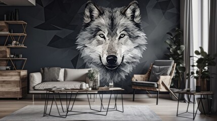 Living Living Room With Full Wall Geometric Wolf Interior Design. Generative AI