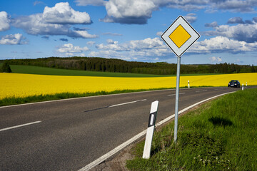 Traffic sign on the side of the road. Yellow rapeseed (Brassica napus) field behind the roadway....