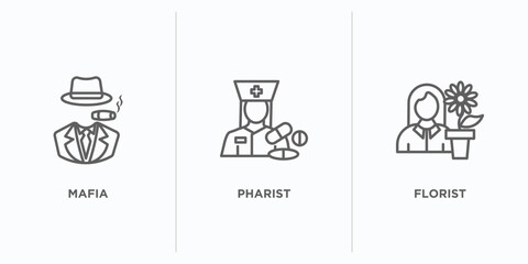 professions outline icons set. thin line icons such as mafia, pharist, florist vector. linear icon sheet can be used web and mobile