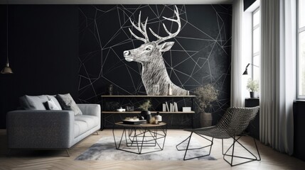Living Living Room With Full Wall Geometric Deer Interior Design. Generative AI