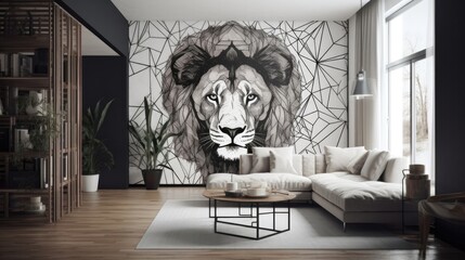 Living Living Room With Full Wall Geometric Lion Interior Design. Generative AI