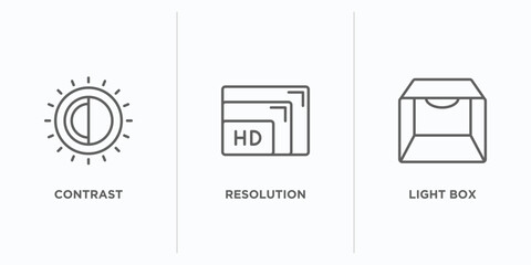 photography outline icons set. thin line icons such as contrast, resolution, light box vector. linear icon sheet can be used web and mobile