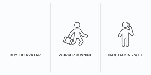 people outline icons set. thin line icons such as boy kid avatar, worker running, man talking with phone vector. linear icon sheet can be used web and mobile