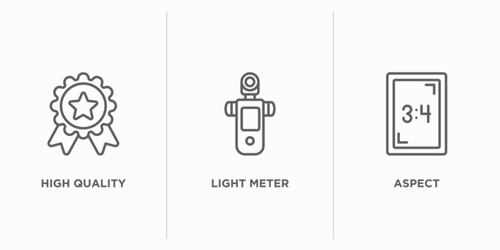 photography outline icons set. thin line icons such as high quality, light meter, aspect vector. linear icon sheet can be used web and mobile