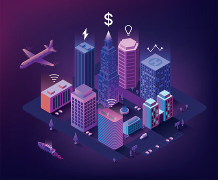 Isometric buildings. 3D smart city in neon night with planes and cars. Modern business. Communication technology. Downtown skyscrapers. Urban architecture. Intelligent vector concept