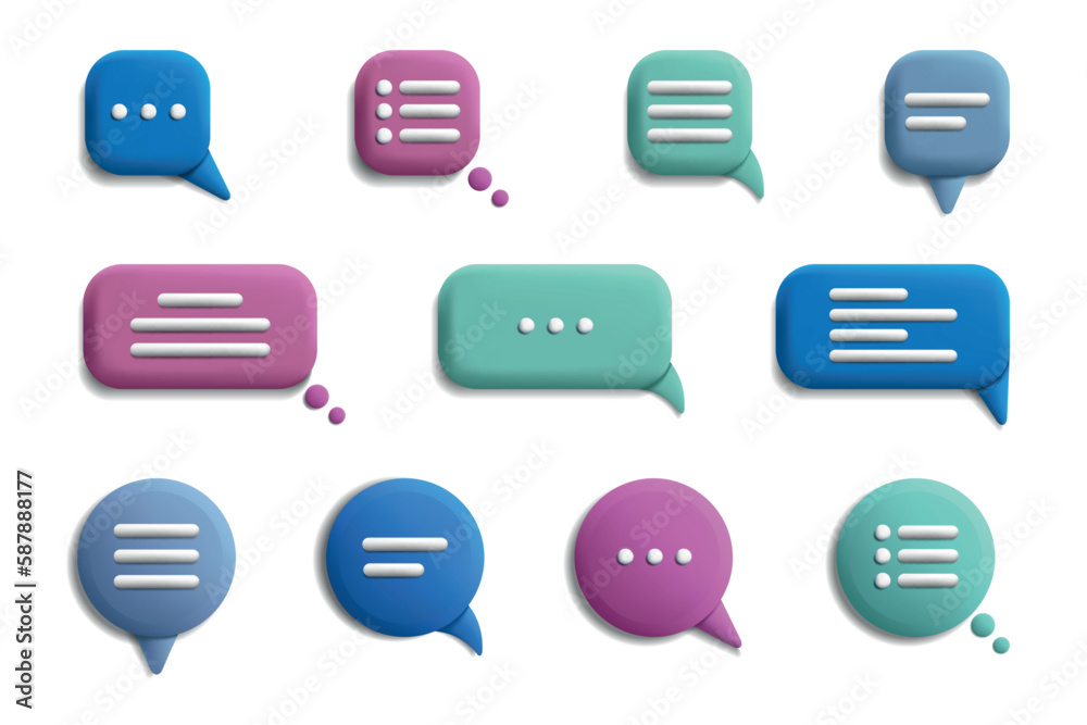 Poster 3d talk bubbles. Realistic buttons for speech and quotes, copy space for text, dialogue communication, comments isolated elements, round and square balloon. Vector illustration icons set