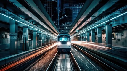 Photo of a train passing through a bustling train station at night created with Generative AI technology