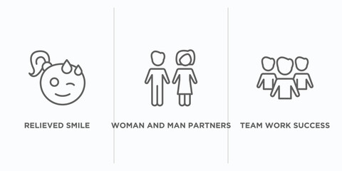 people outline icons set. thin line icons such as relieved smile, woman and man partners, team work success vector. linear icon sheet can be used web and mobile