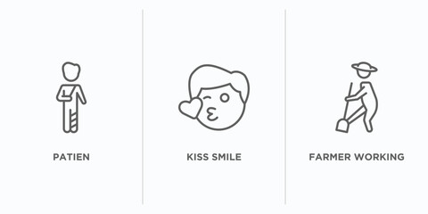 people outline icons set. thin line icons such as patien, kiss smile, farmer working vector. linear icon sheet can be used web and mobile