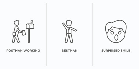 people outline icons set. thin line icons such as postman working, bestman, surprised smile vector. linear icon sheet can be used web and mobile