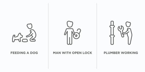 people outline icons set. thin line icons such as feeding a dog, man with open lock, plumber working vector. linear icon sheet can be used web and mobile