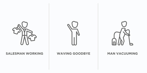 people outline icons set. thin line icons such as salesman working, waving goodbye, man vacuuming vector. linear icon sheet can be used web and mobile