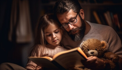 Father and son bonding over bedtime story generated by AI