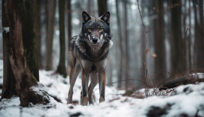 Gray wolf walking through snowy forest generated by AI