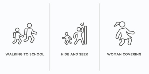 people outline icons set. thin line icons such as walking to school, hide and seek, woman covering vector. linear icon sheet can be used web and mobile