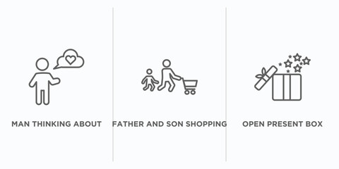 people outline icons set. thin line icons such as man thinking about love, father and son shopping, open present box vector. linear icon sheet can be used web and mobile