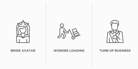 people outline icons set. thin line icons such as bride avatar, worker loading, tumb up business man vector. linear icon sheet can be used web and mobile