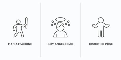 people outline icons set. thin line icons such as man attacking, boy angel head, crucified pose vector. linear icon sheet can be used web and mobile