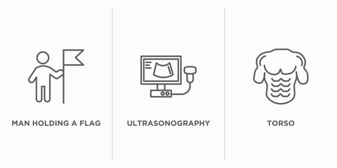 people outline icons set. thin line icons such as man holding a flag, ultrasonography, torso vector. linear icon sheet can be used web and mobile
