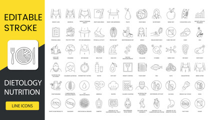 Dietology and nutriciology set of line icons in vector, types of diets and products, macronutrients and vitamins, nutrition of children and the elderly, exclusion of junk food. Editable stroke