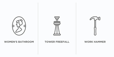 other outline icons set. thin line icons such as women's bathroom, tower freefall, work hammer vector. linear icon sheet can be used web and mobile