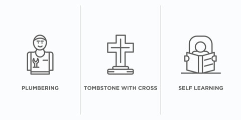 other outline icons set. thin line icons such as plumbering, tombstone with cross, self learning vector. linear icon sheet can be used web and mobile