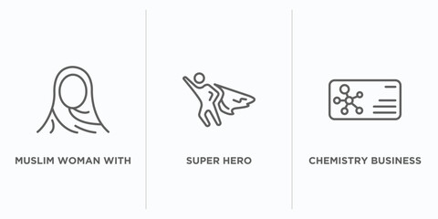 other outline icons set. thin line icons such as muslim woman with hijab, super hero, chemistry business card vector. linear icon sheet can be used web and mobile