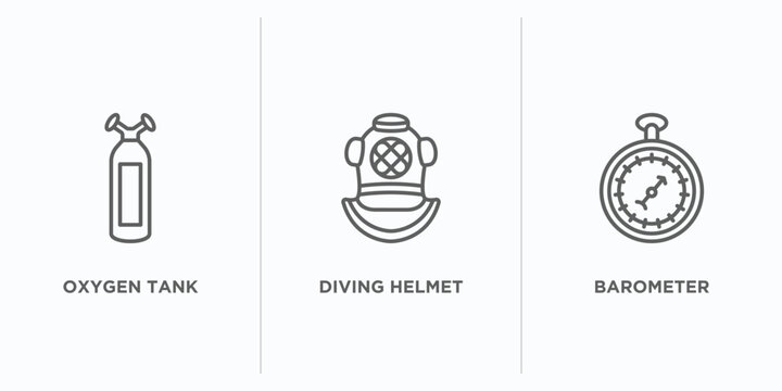 nautical outline icons set. thin line icons such as oxygen tank, diving helmet, barometer vector. linear icon sheet can be used web and mobile