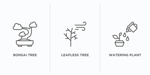 nature outline icons set. thin line icons such as bonsai tree, leafless tree, watering plant vector. linear icon sheet can be used web and mobile