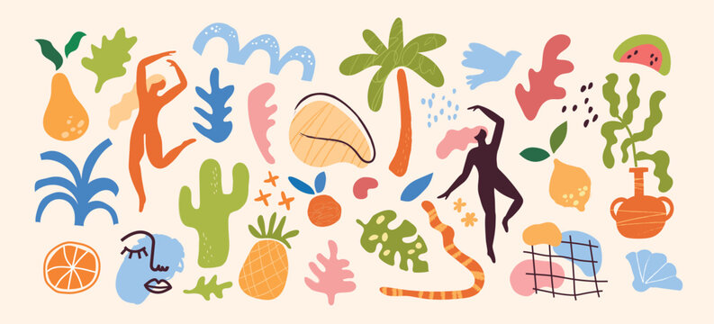 Matisse graphic shapes, natural doodles elements set. Abstract hand drawn beach elements, decorative summer animals, naked women, fruits and botanical scribbles. Vector cartoon illustration