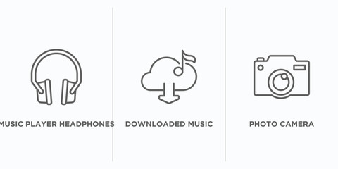 music and media outline icons set. thin line icons such as music player headphones, downloaded music cloud, photo camera vector. linear icon sheet can be used web and mobile