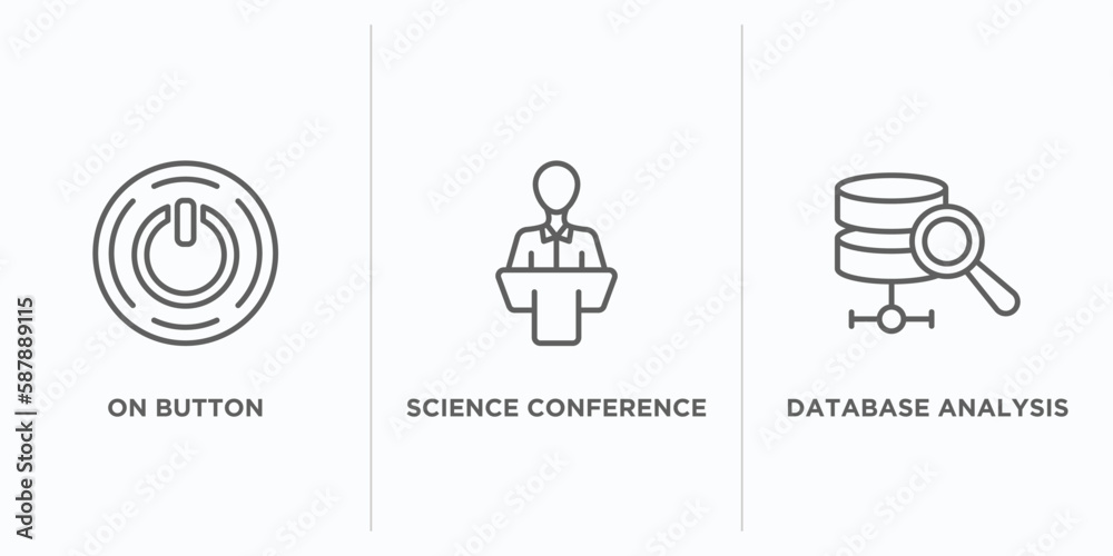 Poster multimedia outline icons set. thin line icons such as on button, science conference, database analys