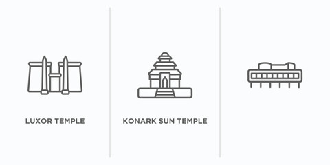 monuments outline icons set. thin line icons such as luxor temple, konark sun temple, vector. linear icon sheet can be used web and mobile