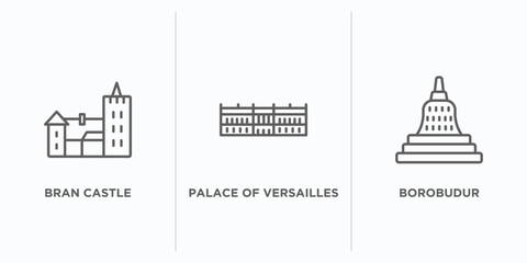 Naklejka premium monuments outline icons set. thin line icons such as bran castle, palace of versailles, borobudur vector. linear icon sheet can be used web and mobile