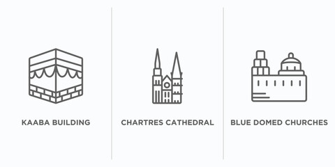 monuments outline icons set. thin line icons such as kaaba building, chartres cathedral, blue domed churches vector. linear icon sheet can be used web and mobile