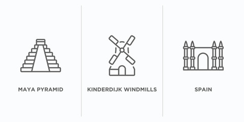 monuments outline icons set. thin line icons such as maya pyramid, kinderdijk windmills, spain vector. linear icon sheet can be used web and mobile