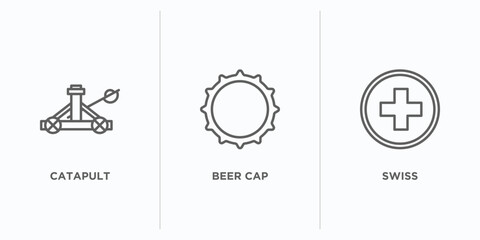 miscellaneous outline icons set. thin line icons such as catapult, beer cap, swiss vector. linear icon sheet can be used web and mobile