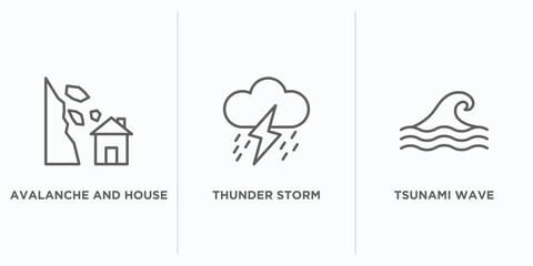 meteorology outline icons set. thin line icons such as avalanche and house, thunder storm, tsunami wave vector. linear icon sheet can be used web and mobile