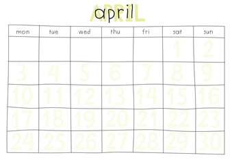 to-do list empty plan planner calendar table for the month of April for the week manual font green with numbering of days