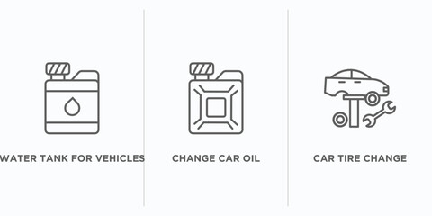 mechanicons outline icons set. thin line icons such as water tank for vehicles, change car oil, car tire change vector. linear icon sheet can be used web and mobile